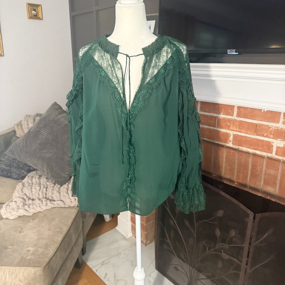 Alice+Olivia ALEENA LACE BLOUSE Green MEDIUM